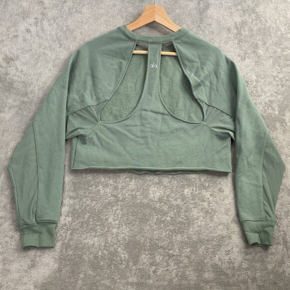 Alo Transcend Cutout Pullover Sweatshirt Womens Small Moss Green Vented Crop Gym - Picture 2 of 9